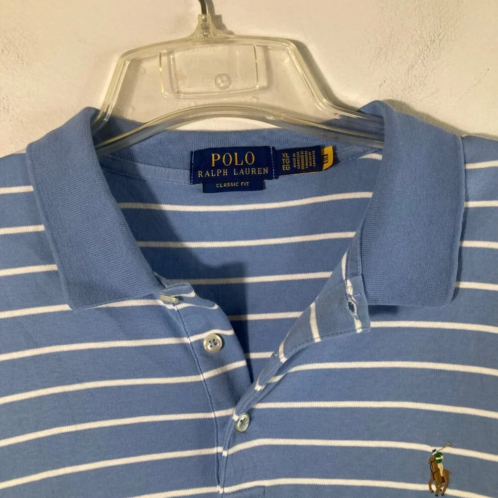 Mens Polo Ralph Lauren‎ Polo Shirt Classic Fit Striped XL Blue White Cotton